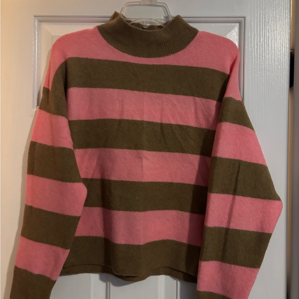 J. Crew Pink and Brown Striped Turtleneck Sweater